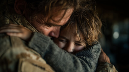 Obraz premium army veteran come home hug his child