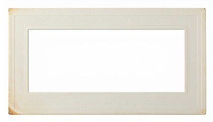 A plain, vintage photo frame with a rectangular opening, featuring a textured border and slightly worn edges, ideal for displaying photographs