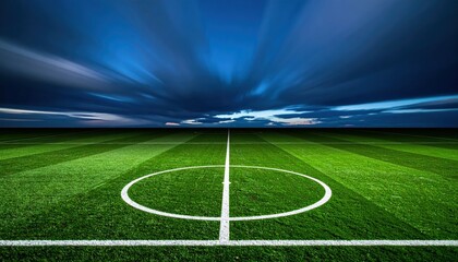 Obraz premium A vibrant soccer field under a dramatic sky, showcasing lush green grass and distinct white markings, inviting play and competition