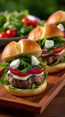 Delicious Gourmet Burgers with Fresh Ingredients on a Wooden Serving Tray