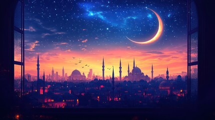 Fototapeta premium Cityscape Crescent Moon Starry Night View