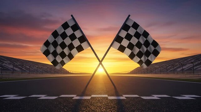Twin checkered flags waving at sunset on track
