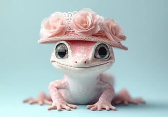Adorable Pink Gecko in Flower Hat Digital Art