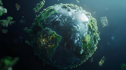 Digital Earth Globe: Glowing Green And Blue Pixels In Dark Space