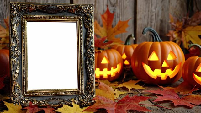 Blank ornate frame surrounded by glowing jack-o'-lanterns and colorful autumn leaves on rustic wooden background. Perfect Halloween setting for spooky messages, party invites, or seasonal promotions.