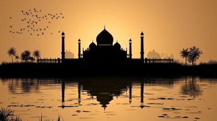 Naklejka premium Silhouette of a mosque at sunset, reflected in water