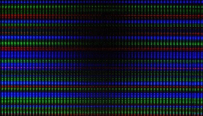 Abstract close-up of a vibrant screen displaying a pattern of red, green, and blue pixels, creating a striking visual effect