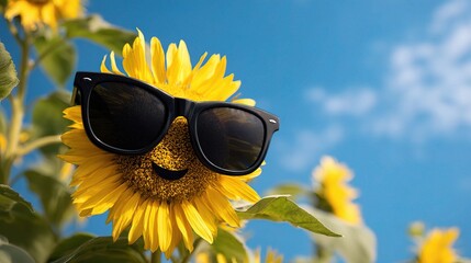 Cheerful Sunflower with Black Sunglasses Smiling Under Bright Sky