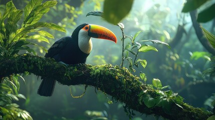 A vibrant toucan with a large beak resting on a thick, mossy branch, the deep greens of the rainforest foliage creating a magical atmosphere.