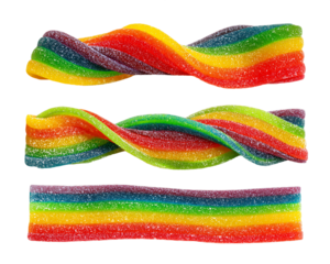 Rainbow Gummy Candy: Twisted and Straight Shapes on Transparent Background, PNG