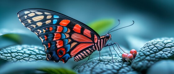 Vibrant butterfly resting on textured leaves.