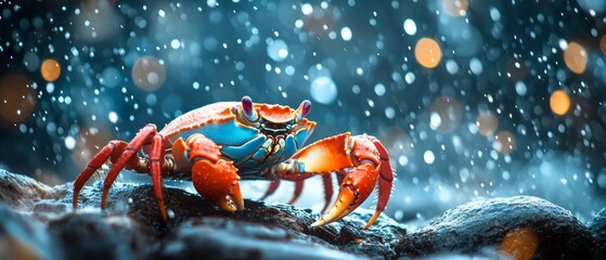 Vivid crab perched on a rocky surface in a winter scene.