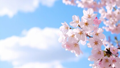 Delicate cherry blossoms bloom against a bright blue sky, creating a serene and picturesque spring scene