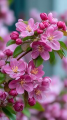 Fototapeta premium Close-Up of Pink Crabapple Flowers and Buds in Springtime Garden Bloom