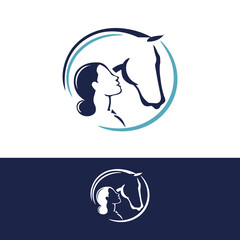Stylized silhouette logo with woman and a horse in circular frame, navy blue and teal colors