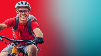 Young man is riding a bicycle with a backpack on his back. He is smiling and he is enjoying himself. Concept of freedom and adventure, as the man is out exploring the world on his bike