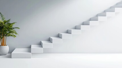 Fototapeta premium White staircase with a potted plant in front of it. The staircase is very tall and narrow, and the plant is small and green. The image has a minimalist and modern feel to it