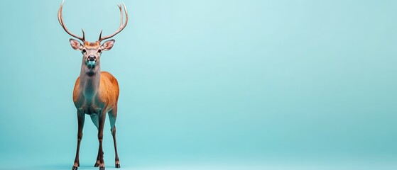 A  portrait of a deer against a light teal background.