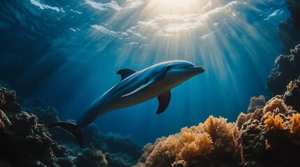 Sunlit dolphin swimming amongst vibrant coral reefs.