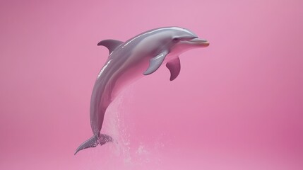 Leaping dolphin against a vibrant pink backdrop.