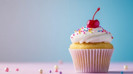 White cupcake with a cherry on top. The cherry is red and the cupcake is decorated with sprinkles