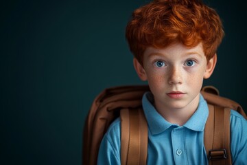 Boy with red hair and blue shirt and brown backpack. He is looking at the camera. Scene is serious and focused