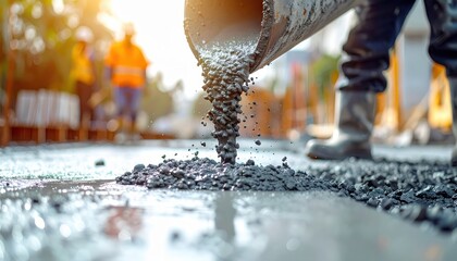 Construction workers pour concrete at a building site, illustrating the process of creating solid foundations for structures under bright sunlight