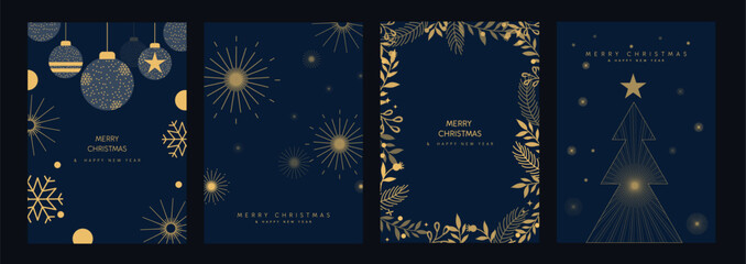 Merry Christmas and Happy New Year. Elegant greeting card or invitation template with golden Christmas tree and ornaments on blue background. © Geijutsu