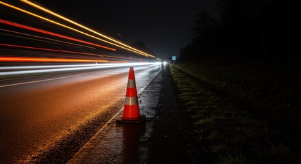 Traffic cone on the road at night with light trails