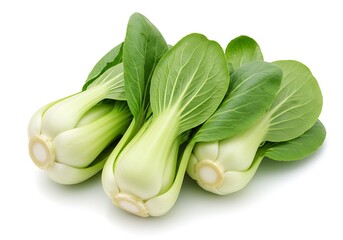 Three heads of bok choy on a white background, fresh and vibrant