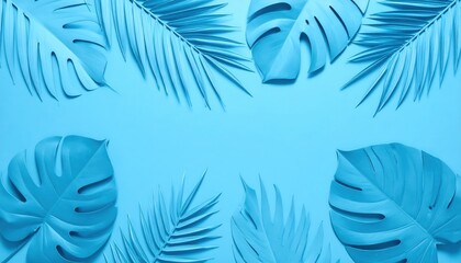 Vibrant blue tropical leaves arranged artfully against a matching background, creating a fresh and modern aesthetic