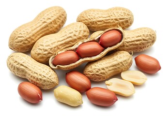 Pile of peanuts with shells and shelled peanuts on white background