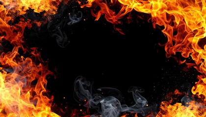 A vibrant display of flames and smoke creates a striking border against a black background, evoking intensity and energy