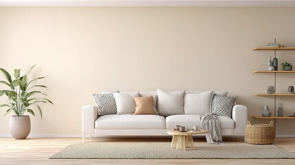 Fototapeta premium Minimalist Living Room with Neutral Cream Decor and Cozy Touches