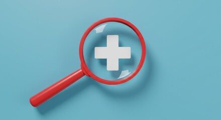 Obraz premium Medical cross symbol magnified by magnifying glass on blue background