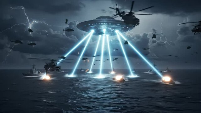 Dark alien invasion scene with ships attacking a city using laser beams in the rain