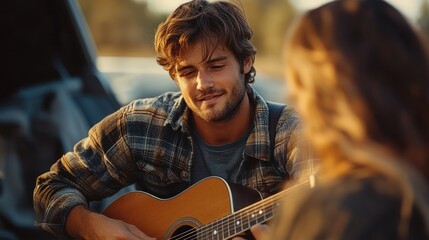 Man Playing Guitar for Woman Outdoors