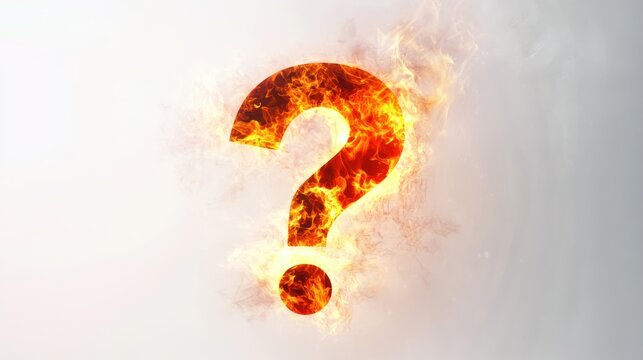 Flaming question mark on white background, burning, uncertainty