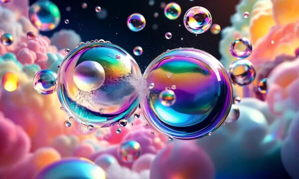 Iridescent Bubbles Colliding in a Dreamlike Haze