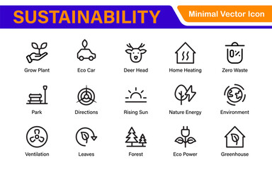 Modern Green Technology Sustainability Icons – Outline, Line Art, and Vector Illustrations for Clean Energy, Recycling, Nature Conservation, and Digital UI