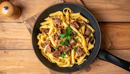 A delicious serving of pasta topped with tender meat and fresh herbs, presented in a black frying pan on a wooden surface