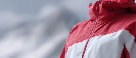 Red and white ski jacket against snowy mountain background
