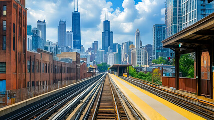 Fototapeta premium Elevated Train Tracks Leading to City Skyline