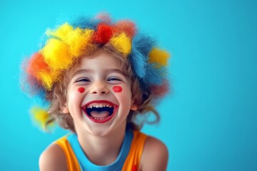 Young girl with a clown wig on her head and red paint on her face is smiling and laughing