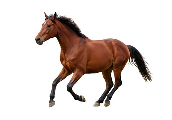 Fototapeta premium Brown horse galloping on a white background in a studio setting