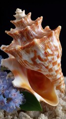 Striking Seashell with Purple Flowers Set on Coral Still Life Arrangement