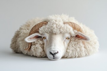 Fluffy Ram Resting, Studio Shot, White Background