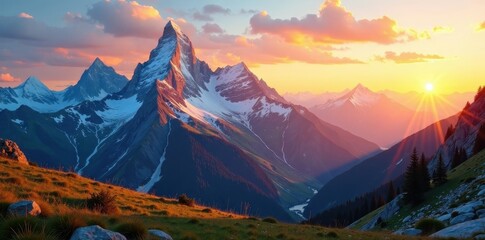 Sunrise paints Swiss Alps, golden light on peaks, generative ai, peak