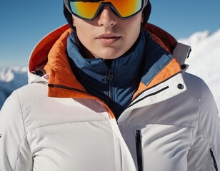 Female skier in a stylish white jacket and mirrored goggles, poised against a snowy mountain backdrop.