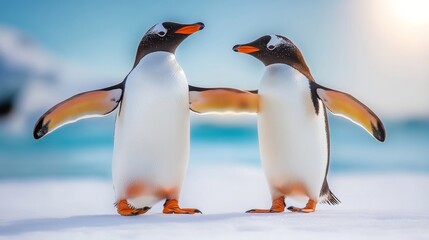 Fototapeta premium Two penguins are standing close to each other on a snowy beach. The scene is calm and tranquil, with the penguins seemingly enjoying each other's company